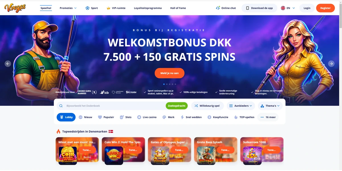 Forside på Vulkan Vegas Casino med velkomstbonus og populære spil i Danmark